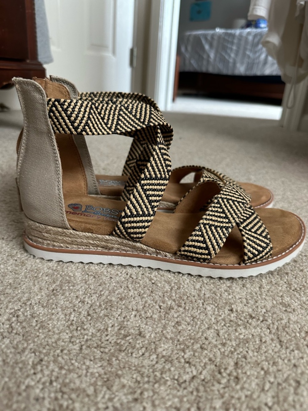 BOBS from Skechers Black and Tan Woven Crisscross Espadrille Sandals